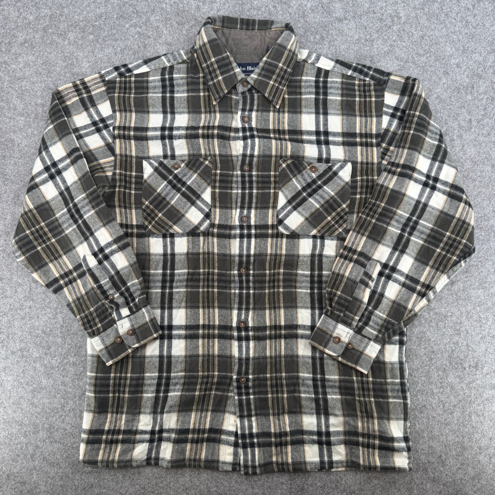 John Blair Shirt Mens Medium Grey Plaid Long Sleeve Button Down EUC